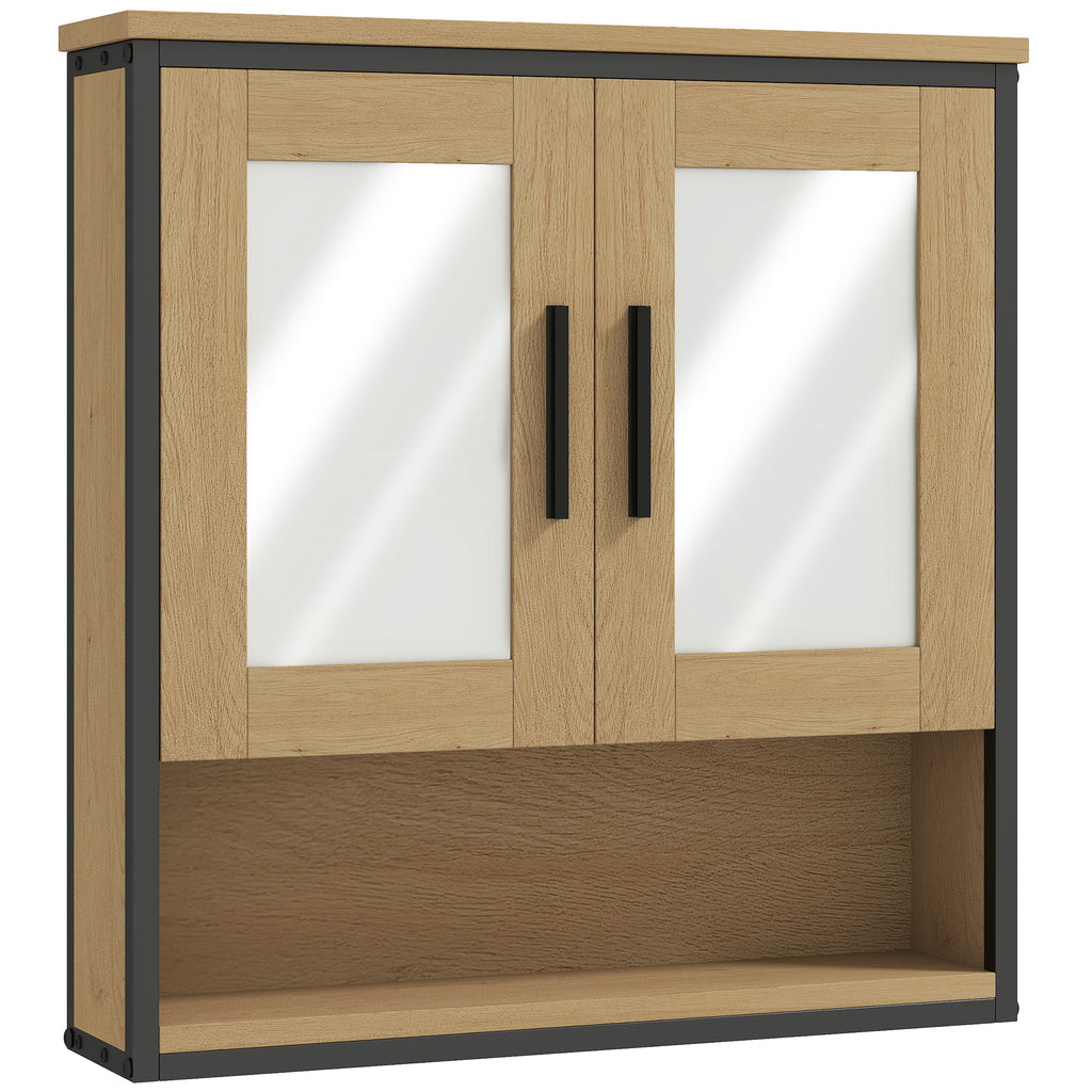 Armoire murale salle de bain avec miroir, meuble salle de bain avec compartiment ouvert et étagère réglable, chêne-0