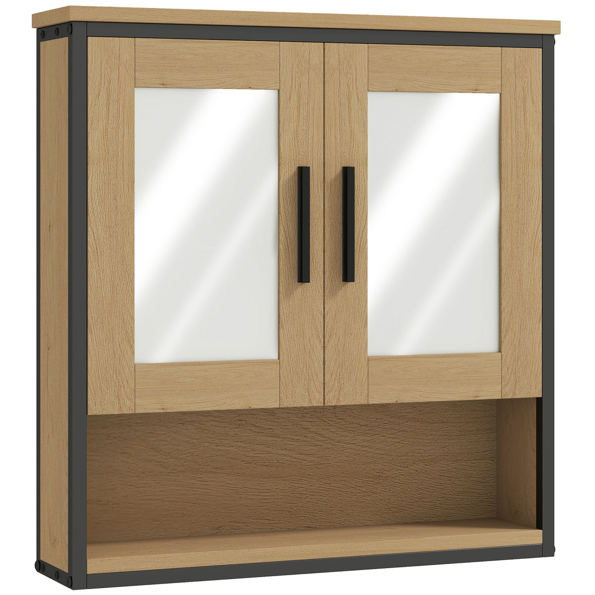Armoire murale salle de bain avec miroir, meuble salle de bain avec compartiment ouvert et étagère réglable, chêne-0