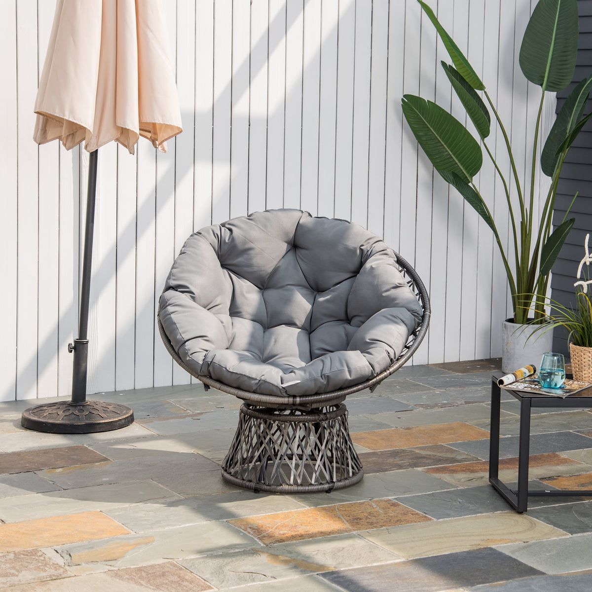 Fauteuil rond de jardin fauteuil papasan pivotant Ø 97 x 86H cm grand coussin fourni polyester résine tressée-1