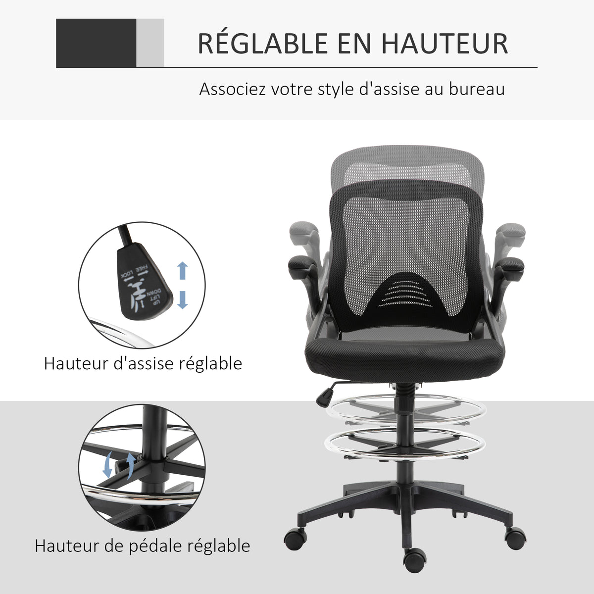 Lot de 2 fauteuils de bureau chaise de bureau assise haute réglable dim. 64L x 60l x 106-126H cm maille respirante noir-3