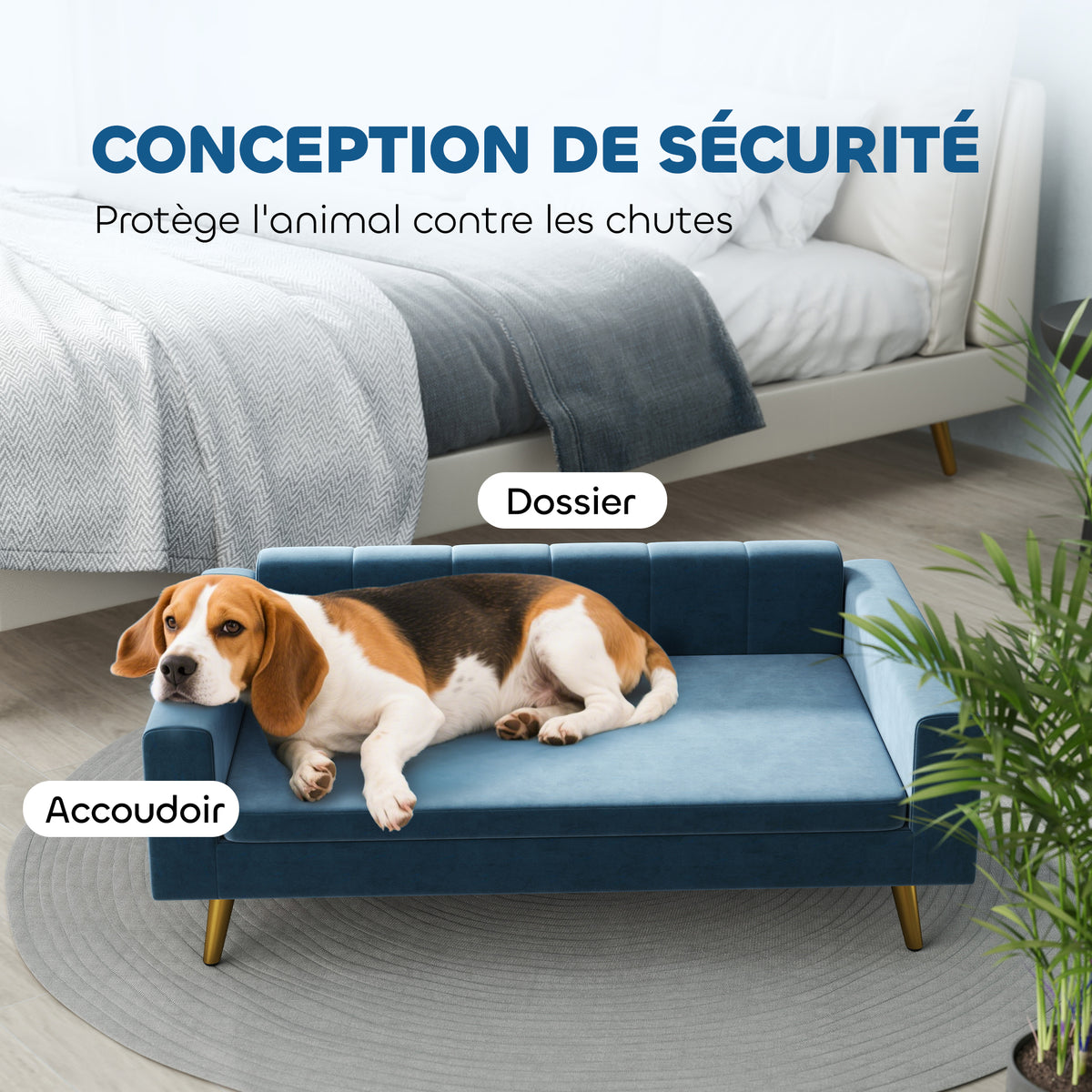 Canapé chien lit pour chien design scandinave coussin moelleux pieds métal doré 94 x 59,5 x 31,5 cm velours soyeux bleu-6