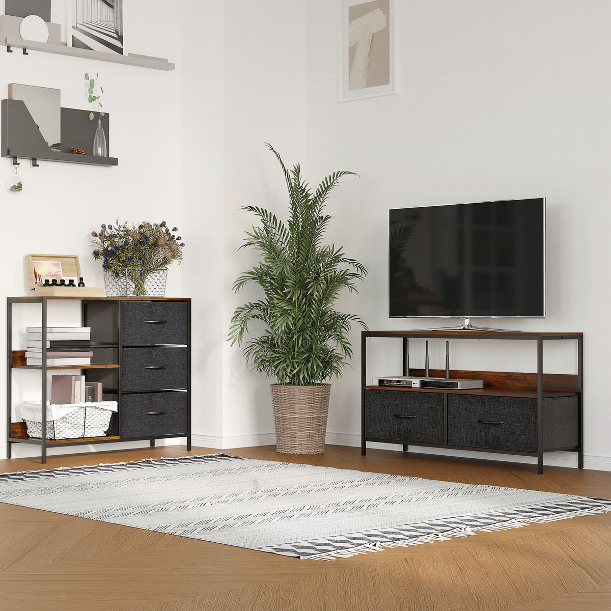 Meuble TV Bas sur Pieds Style Industriel 2 tiroirs en Tissu Gris MDF Brun Rustique et métal Noir-1