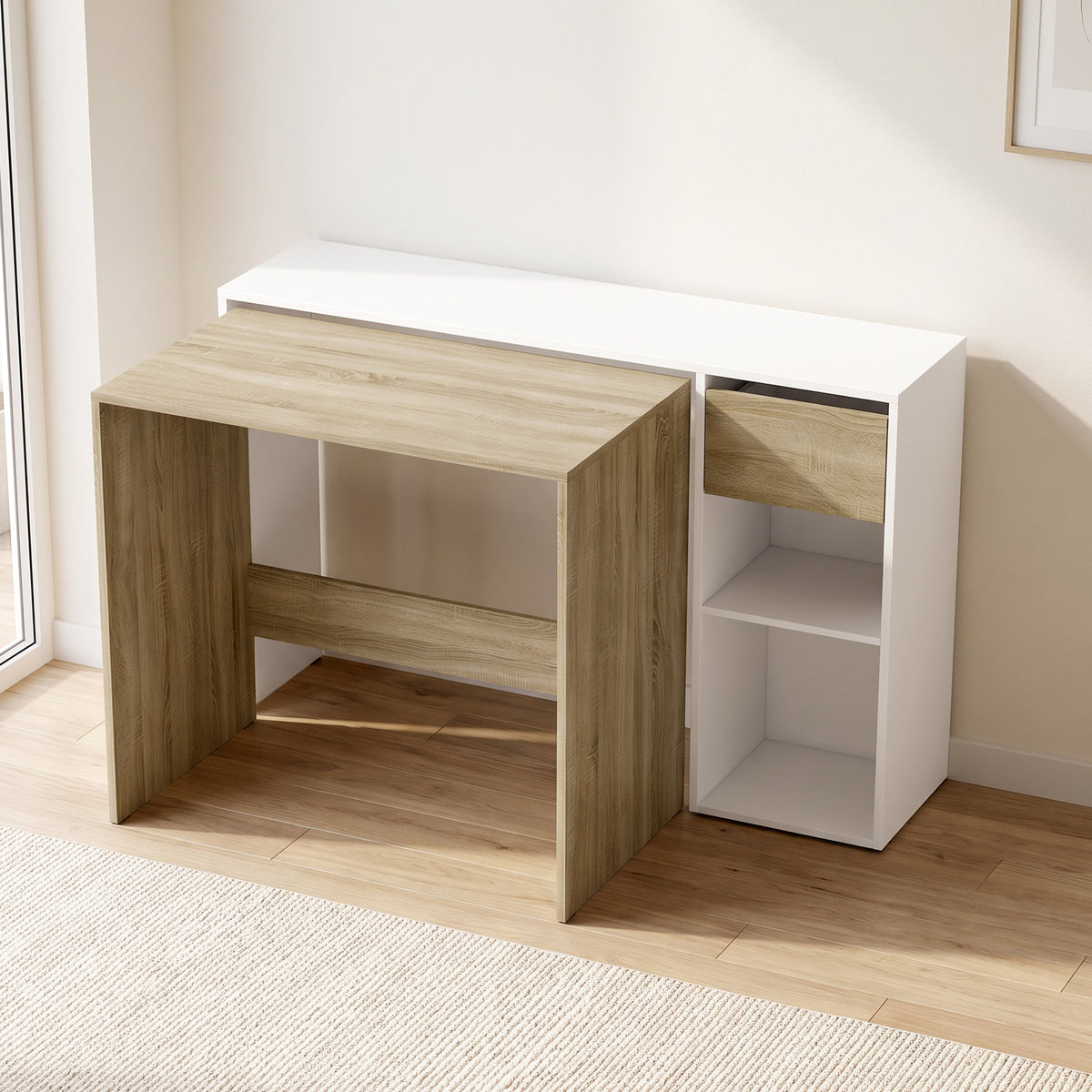 Bureau d'Ordinateur Gigogne Lot de 2, Bureau Informatique 80/117 cm avec Tiroir et Étagères Ouvertes, Blanc et Chêne-1