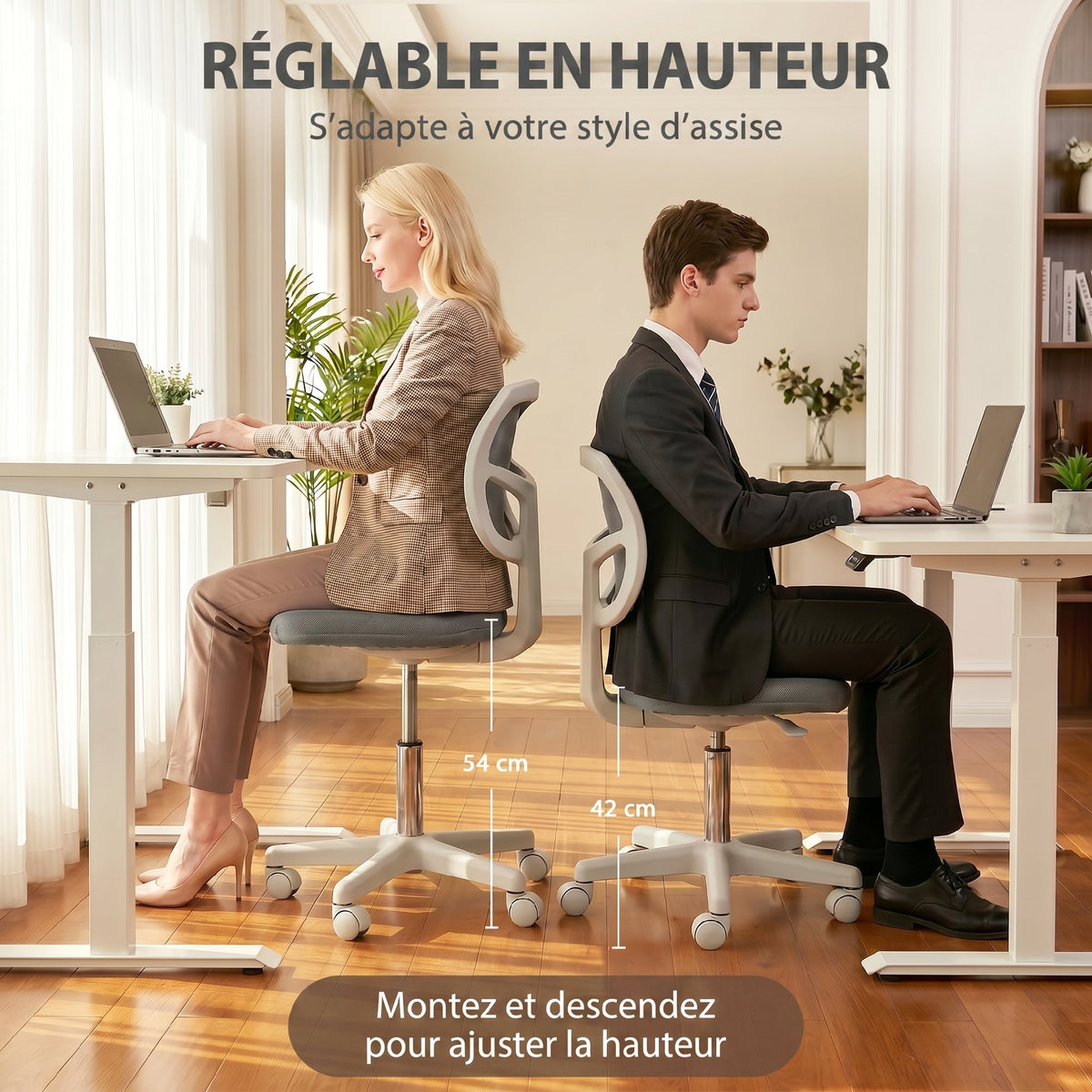 Chaise de Bureau Ergonomique Sans Accoudoirs, Fauteuil de Bureau Pivotant, Dossier Courbé en Maille et Roulettes, Gris-3