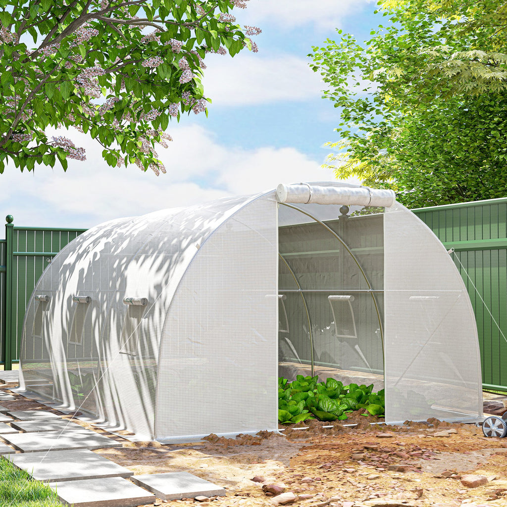 Serre de jardin tunnel 13,5 m² 6 fenêtres, porte zippée enroulable châssis acier galvanisé, bâche PE 4,5 x 3 x 2 m blanc-9