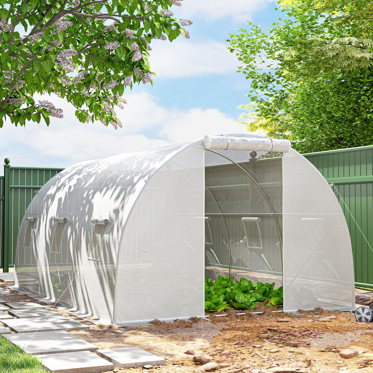 Serre de jardin tunnel 13,5 m² 6 fenêtres, porte zippée enroulable châssis acier galvanisé, bâche PE 4,5 x 3 x 2 m blanc-9