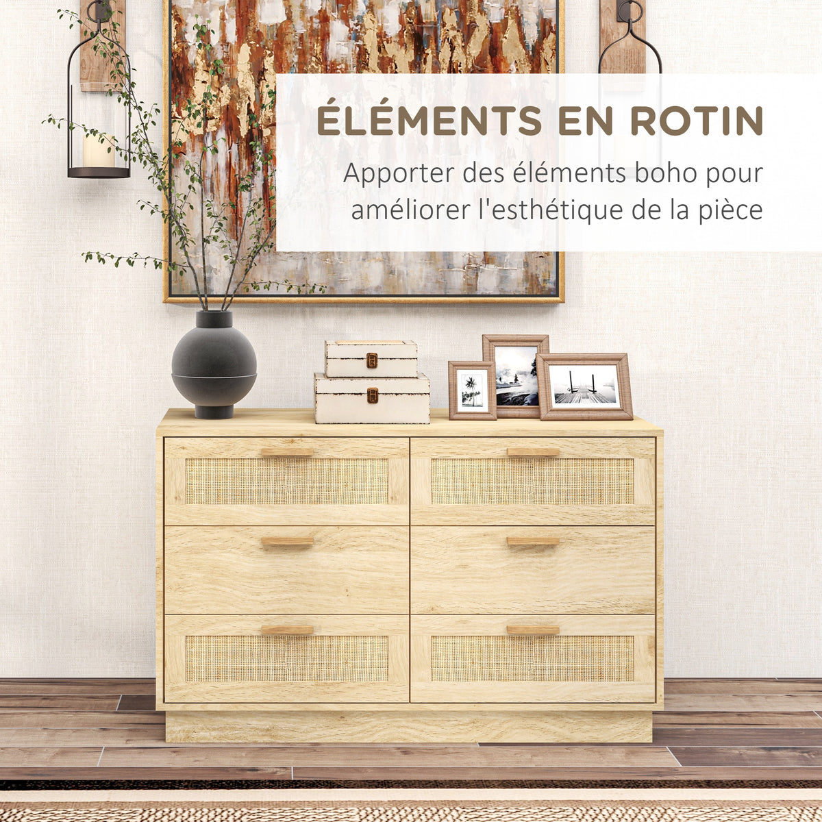 Commode design bohème en rotin avec 6 tiroirs, meuble de rangement pour le salon, le couloir, l'entrée, chêne-3
