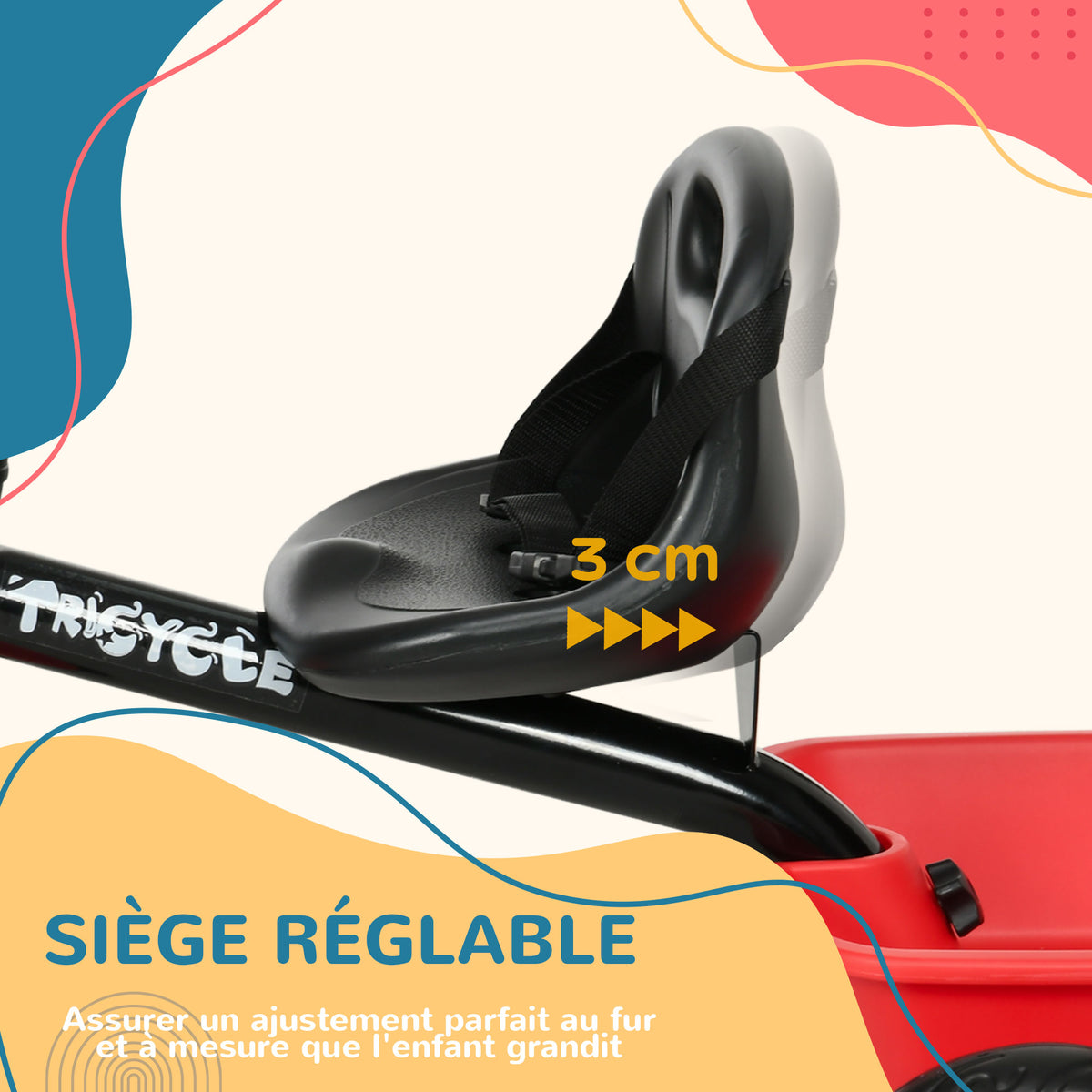 Tricycle pour enfant évolutif avec siège réglable pédales 2 paniers ceinture pour enfant de 2 à 5 ans rouge et noir-4