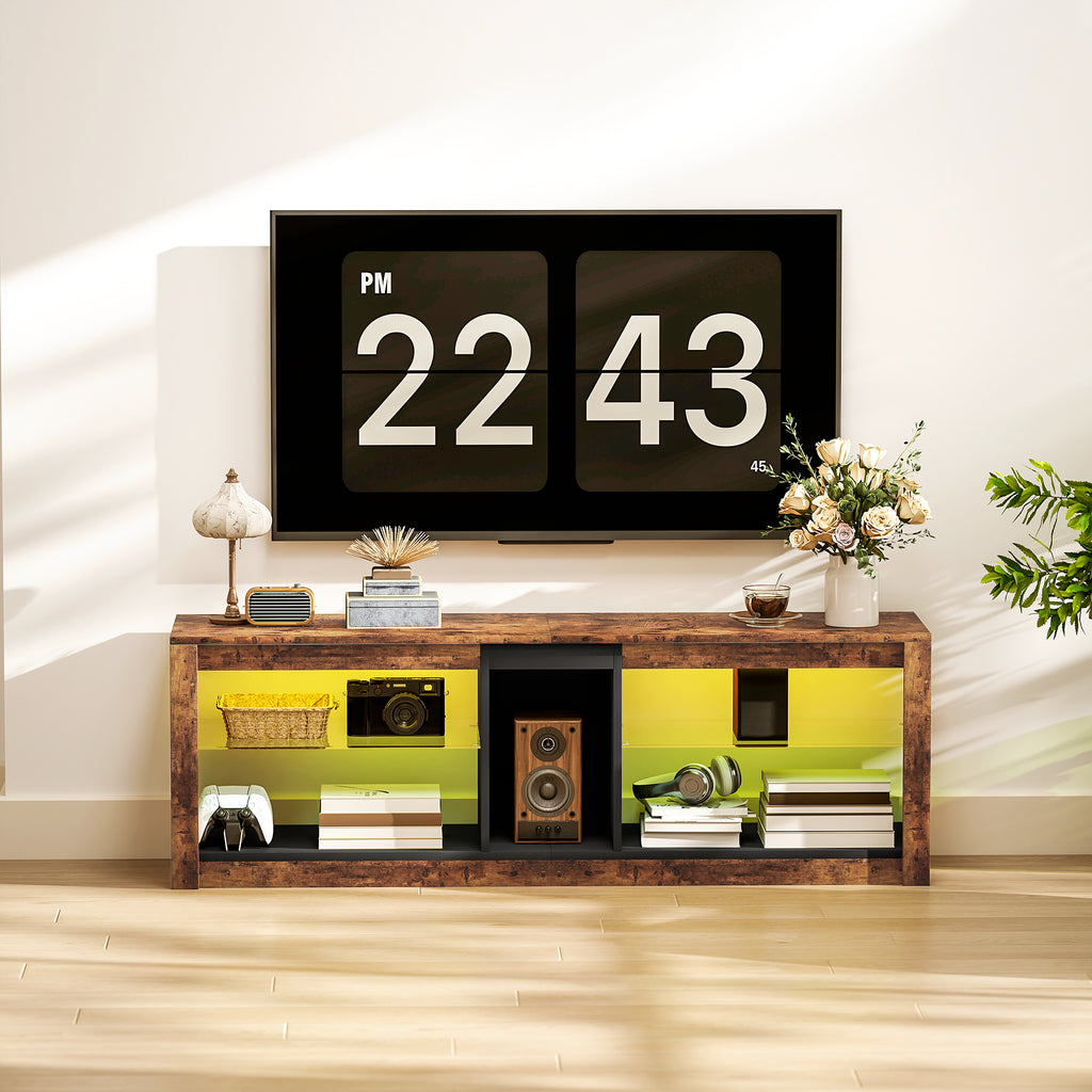 Meuble TV avec lumières LED et télécommande, étagères et compartiments ouvert, 140x35x47cm, marron-6