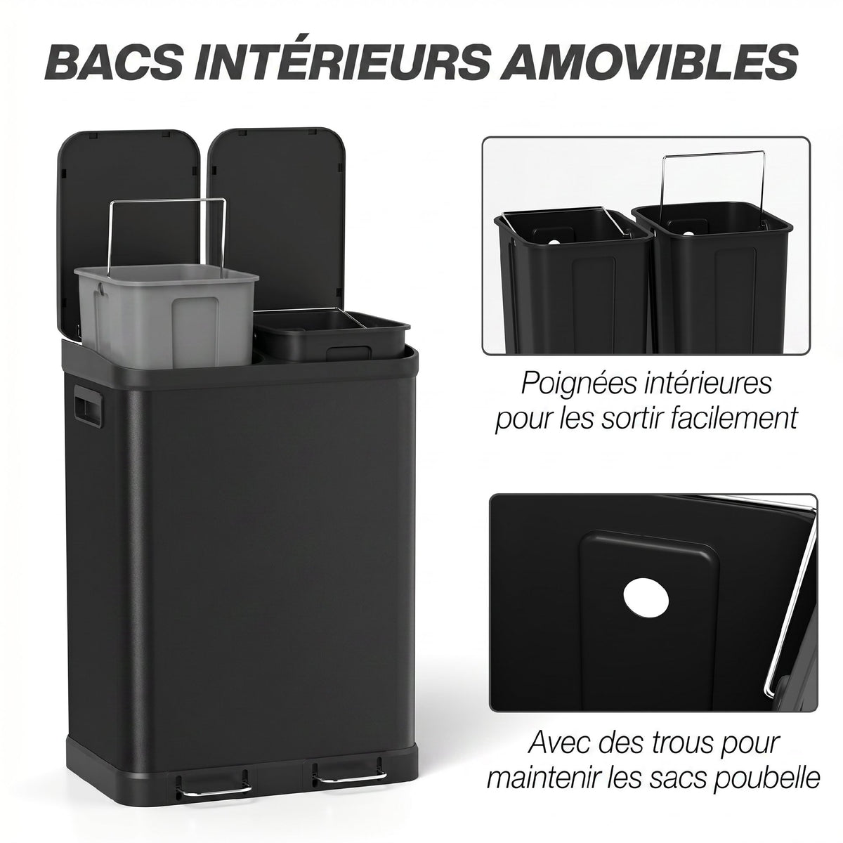 Poubelle de cuisine à double compartiment 2 x 30L avec pédale en acier inoxydable, couvercle à fermeture douce, noir-4