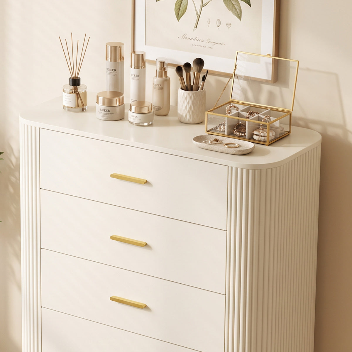 Commode 5 Tiroirs, Meuble de Rangement avec Façades Rainurées et Pieds en Métal, Style Moderne, 90x44x120cm, Gris Clair-6