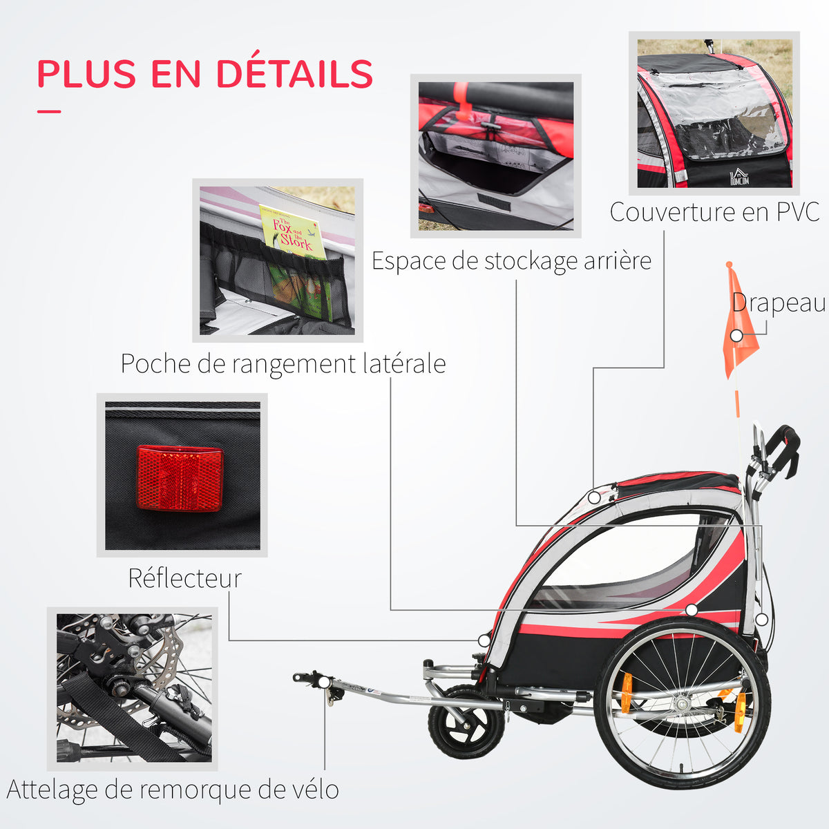 Remorque vélo pour enfant 2 en 1 convertible jogger poussette capacité 26,4 kg avec réflecteurs et drapeau - 2 places  - rouge-6
