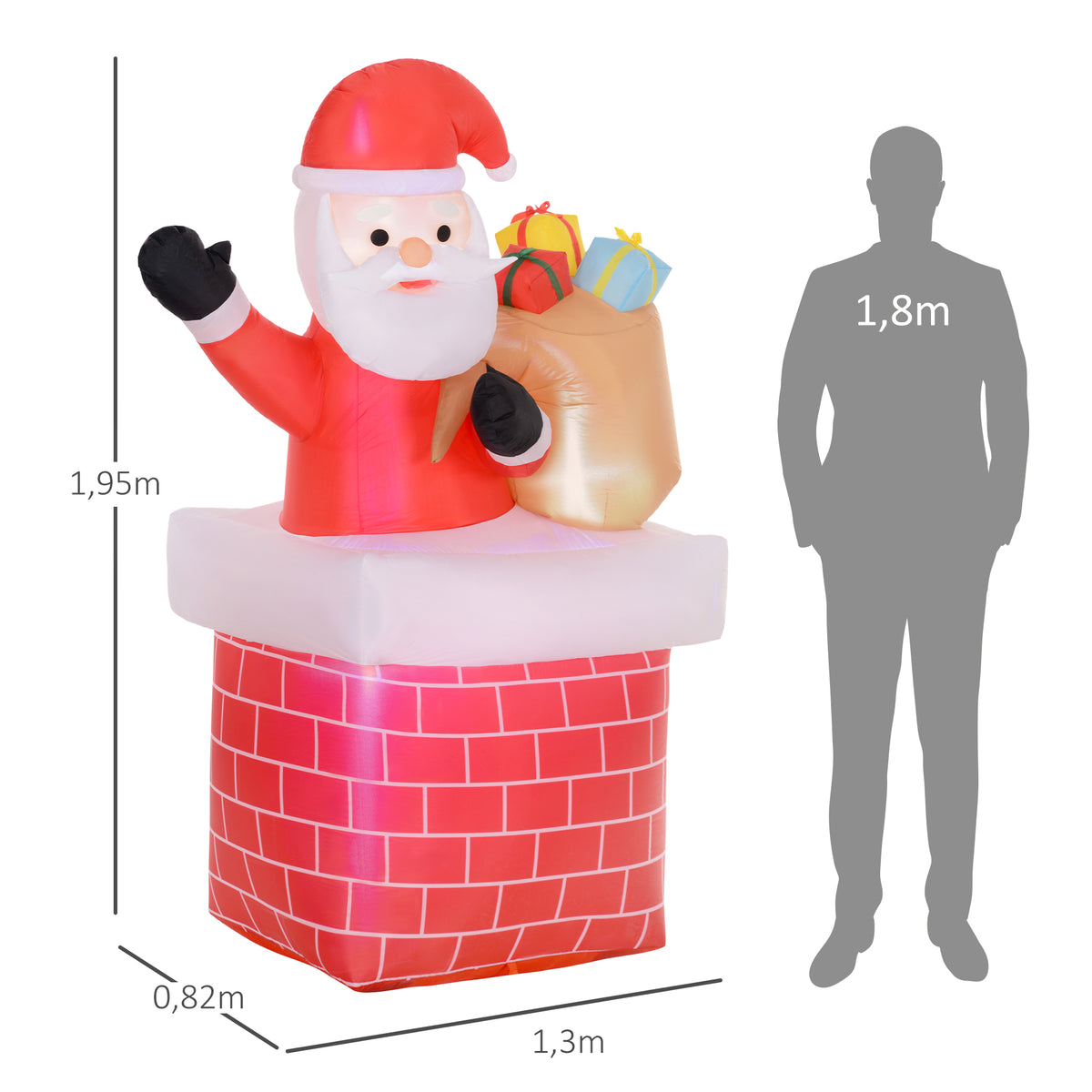 Père Noël gonflable décoration de Noël extérieur avec lumières LED sac de cadeau et la cheminée 130 x 82 x 195 cm rouge-2