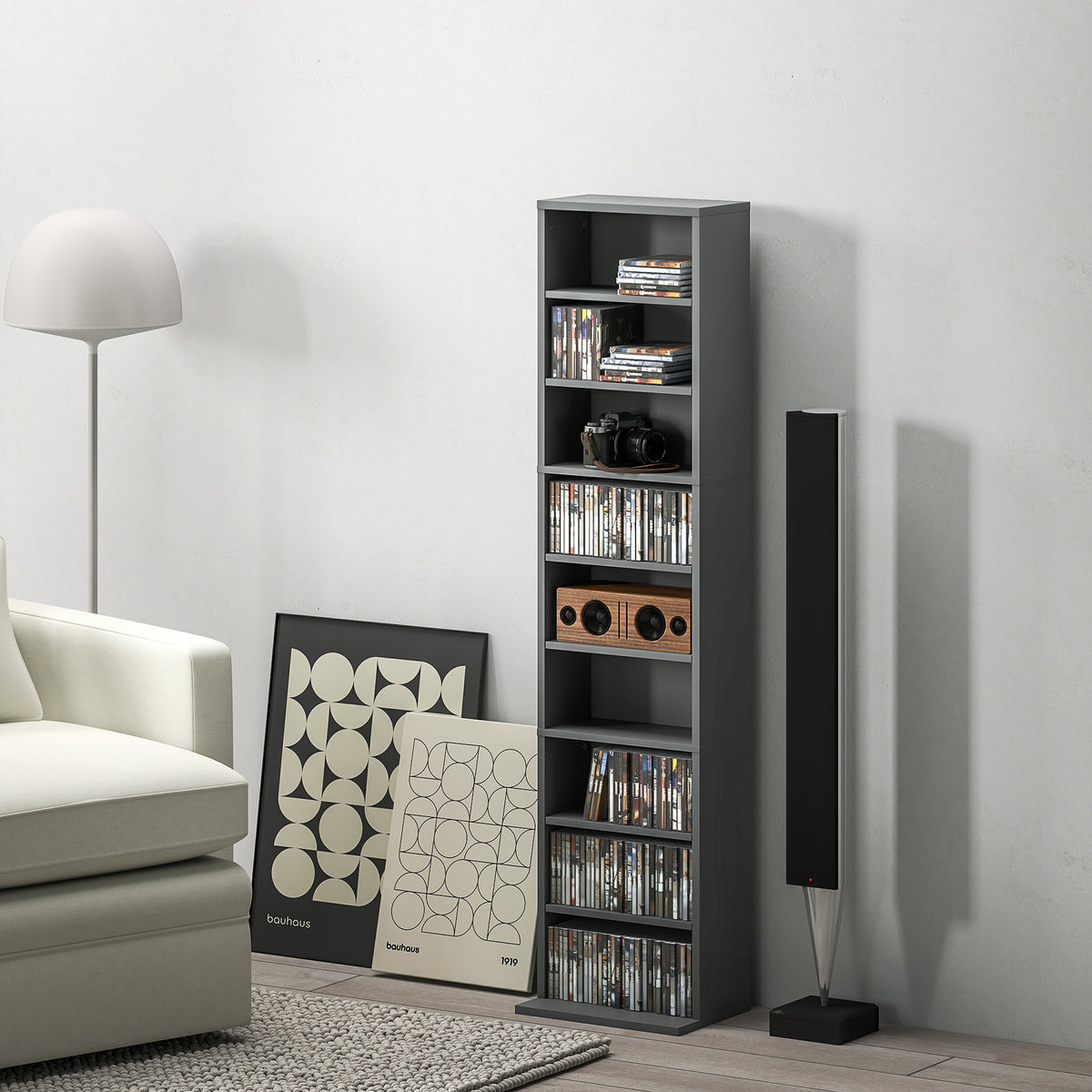 Rangements pour CD et DVD 9 compartiments et 6 étagères réglables capacité max. 260 CD/120 DVD 33 x 24 x 140 cm gris-1