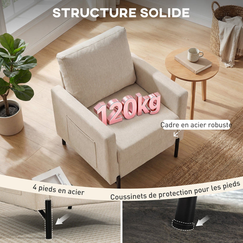 Fauteuil de salon, canapé 1 place rembourré avec accoudoirs, assise large et pieds en acier, 73 x 77 x 87 cm, beige-4