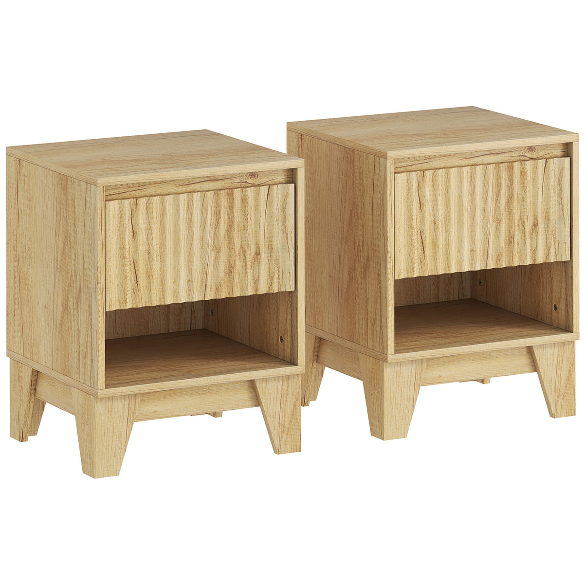 Lot de 2 tables de chevet étroite, table d'appoint compartiment ouvert 1 tiroir, panneaux cannelés 43x40x55cm naturel-0