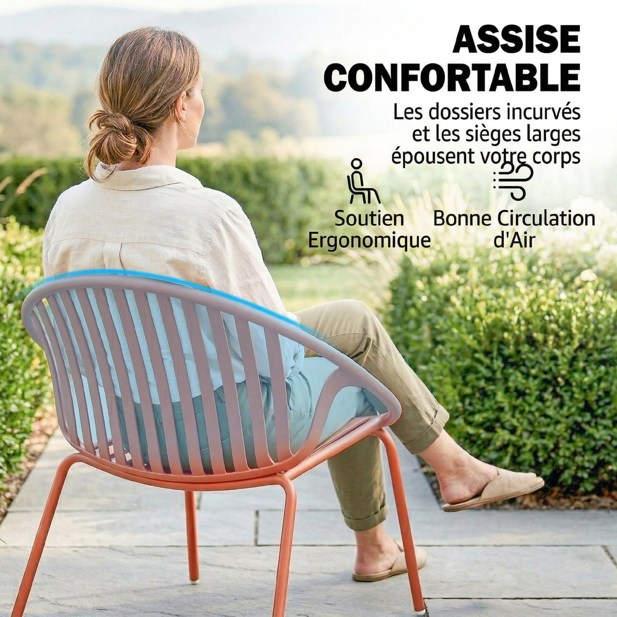 Salon de Jardin Ensemble Bistro 3 Pièces Table Basse à Plateau Concave Acier et Polypropylène 80x70x75cm Rouge Brique-3