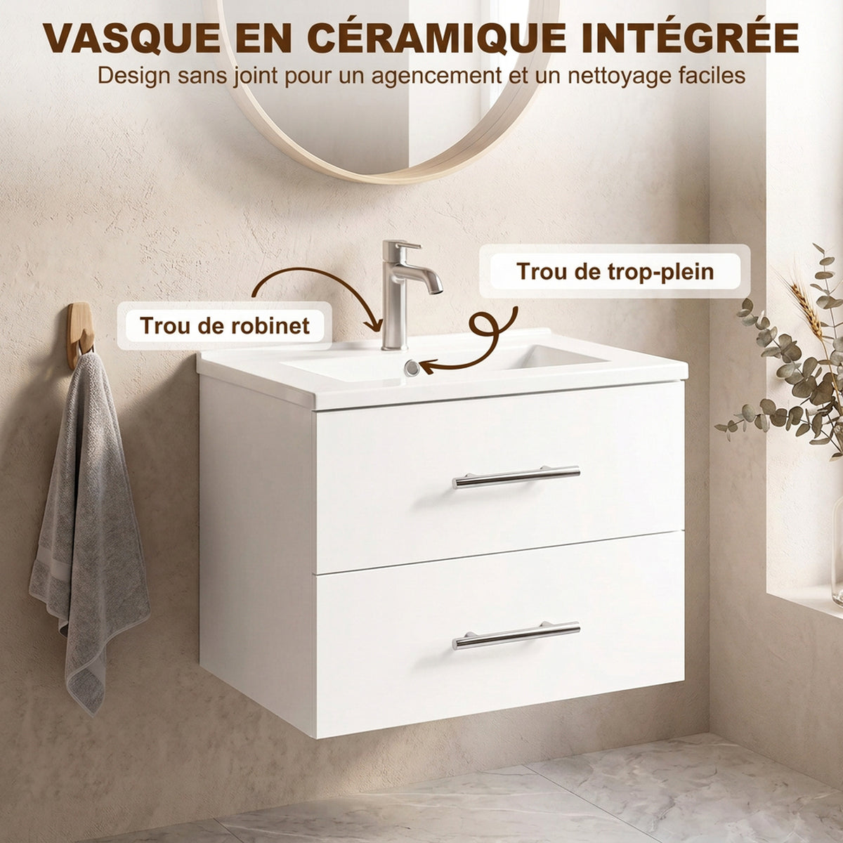 Meuble sous Lavabo Suspendu avec Vasque en Céramique, 2 Tiroirs Compartiments, Style Moderne, 61 x 40 x 48 cm, Blanc-3
