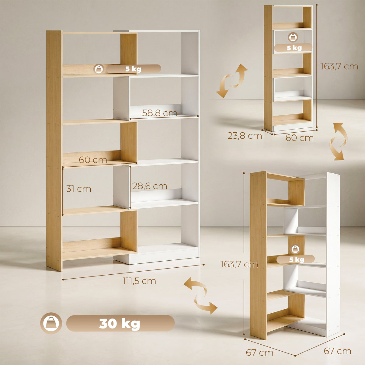Bibliothèque d'angle rotative 350° à 5 niveaux, étagère de rangement extensible en forme L, 60-111x24x164cm, chêne-2