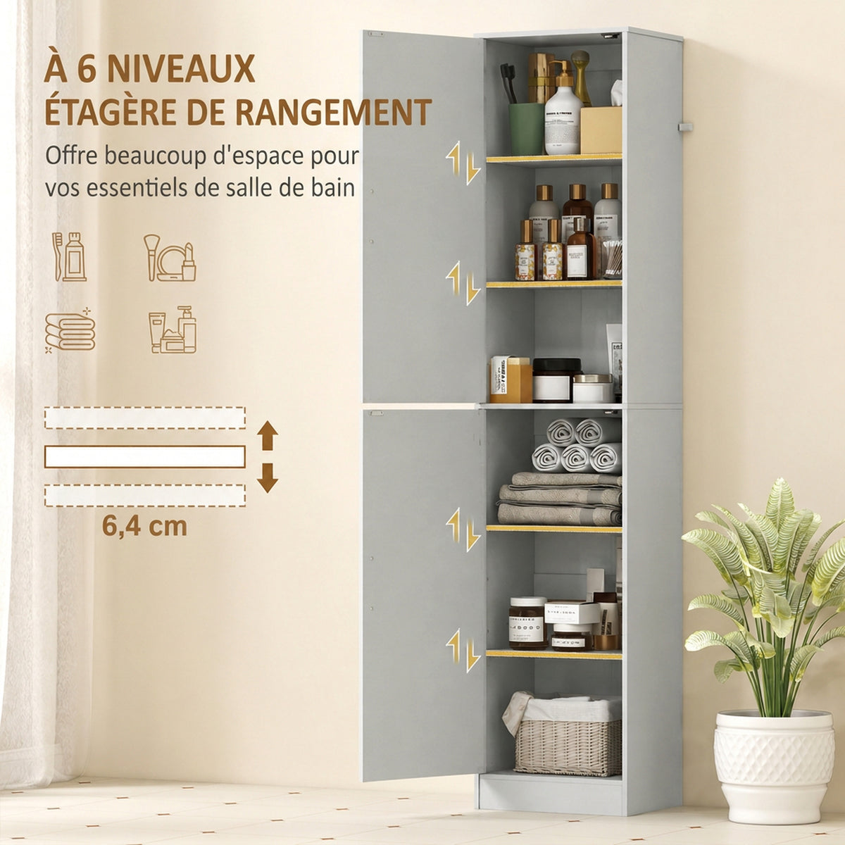 Colonne de Salle de Bain 6 Niveaux, Meuble de Rangement Étroit, 2 Portes et 4 Étagères Réglables, 40x35x180cm, Vert-3