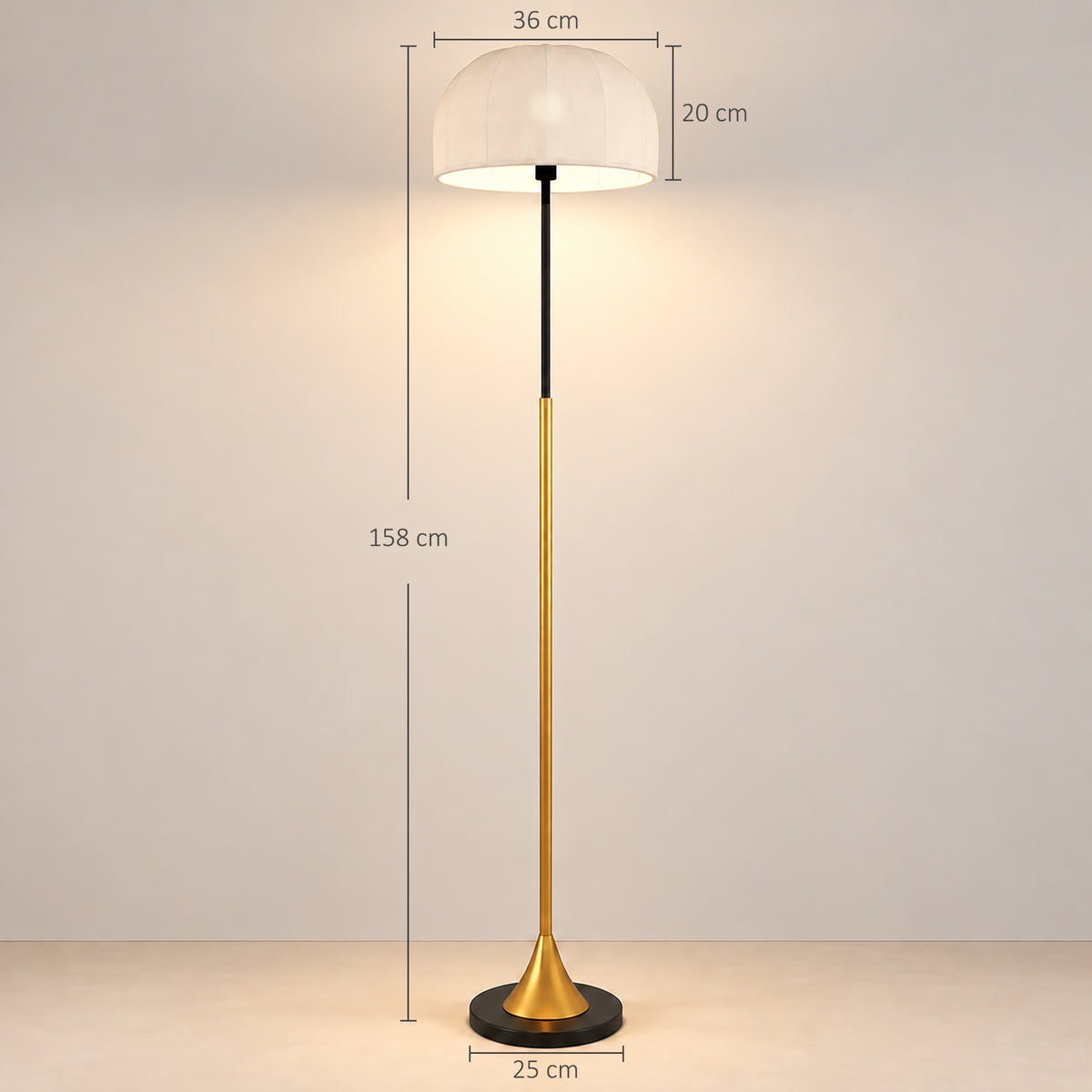 Lampadaire sur Pied Salon 40W avec Abat-Jour en Forme de Dôme, Interrupteur à Pédale, 158 cm, Doré et Blanc-2