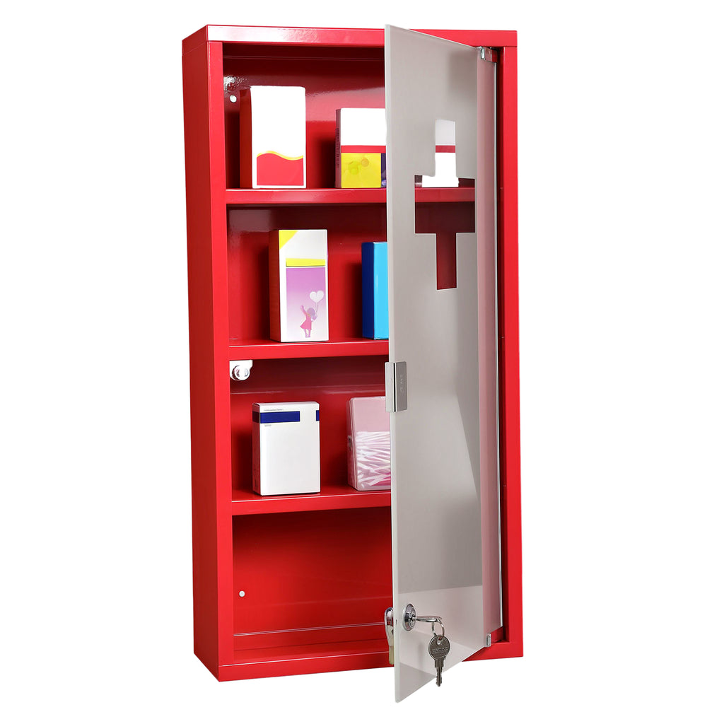 Armoire à Pharmacie 3 étagères 4 Niveaux verrouillable Porte Verre trempé dépoli Logo Croix 30L x 12l x 60H cm Acier Rouge-0
