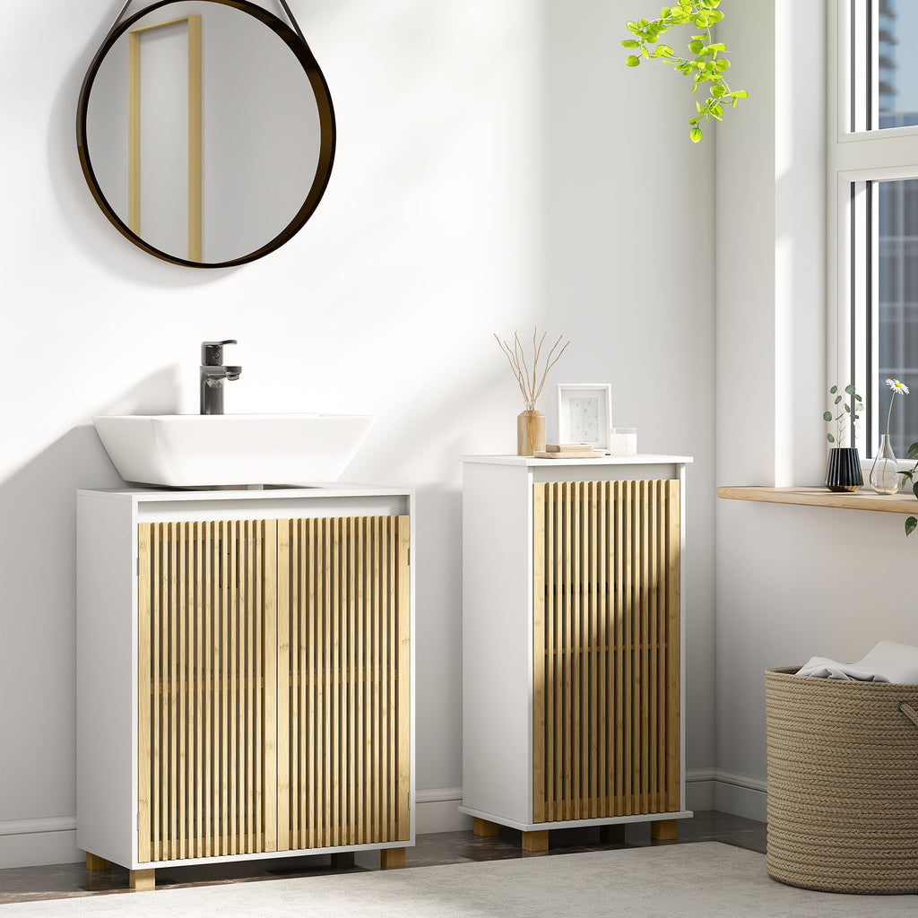 Meuble sous lavabo salle de bain - placard à portes à lattes en bambou, 60 x 30 x 75 cm, effet bois naturel-7