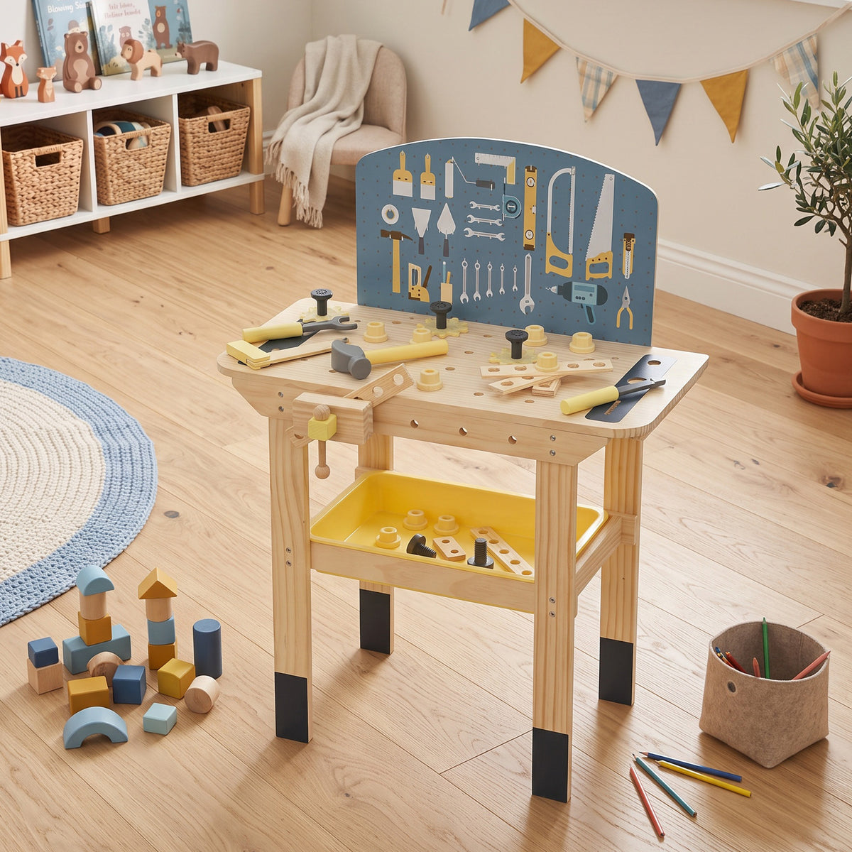 Établi en Bois pour Enfants avec 28 Accessoires, Boîte de Rangement, Établi d'Imitation dès 3 à 8 Ans, Naturel-1