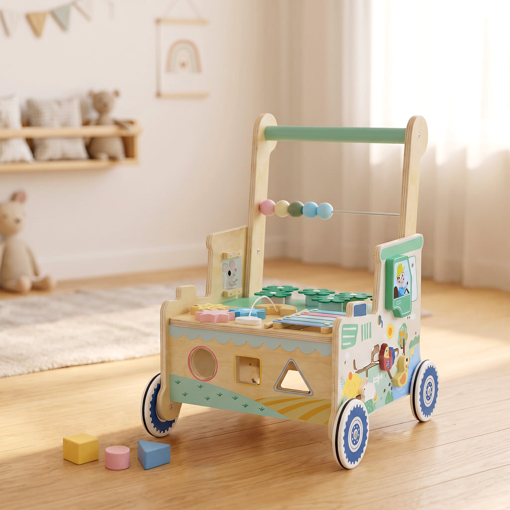 Trotteur Bebe en Bois, Chariot de Marche Bébé, Centre d'Activités, Espace de Rangement, Vert-1