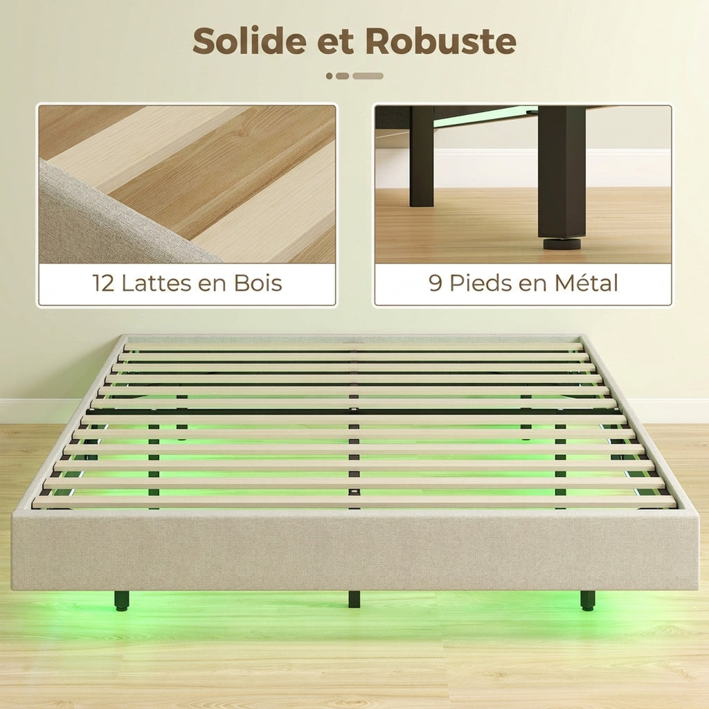 Lit Flottant 160 x 200 cm avec Éclairage LED Intelligent, Cadre de Lit Double Rembourré en Lin, Montage Facile, Beige-6