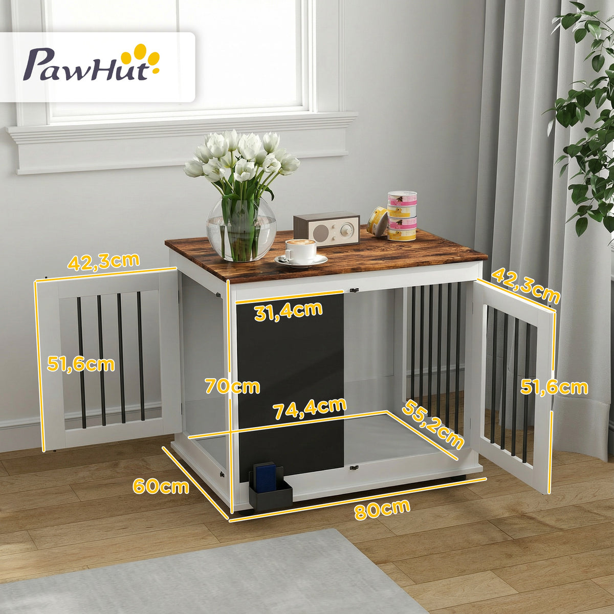 Cage pour chien cage chien intérieur avec 2 portes tableau noir pour chiens taille moyenne 20 kg 80 x 60 x 70 cm blanc-2