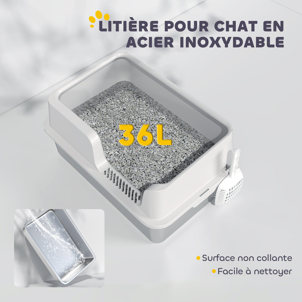 Litière pour chat, bac à litière en acier inoxydable avec côtés hauts pelle nettoyage facile 60 x 40 x 28 cm gris clair-4