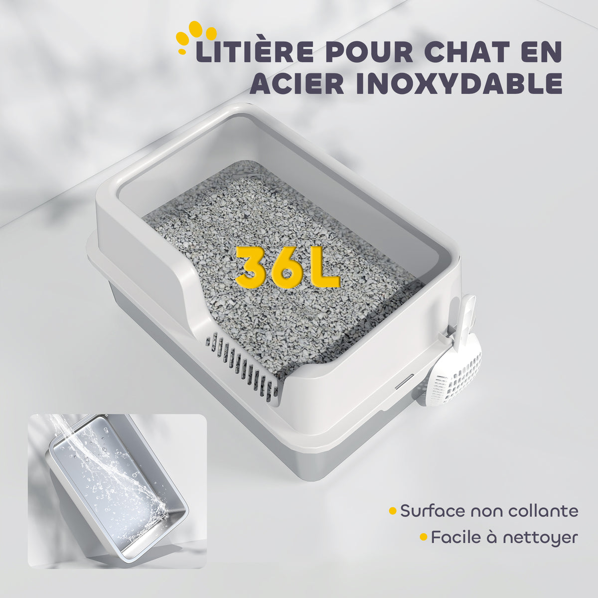 Litière pour chat, bac à litière en acier inoxydable avec côtés hauts pelle nettoyage facile 60 x 40 x 28 cm gris clair-4
