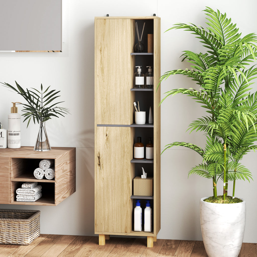 Meuble colonne salle de bain, armoire de salle de bain avec 6 compartiments ouverts et 2 placards, bois naturel-6