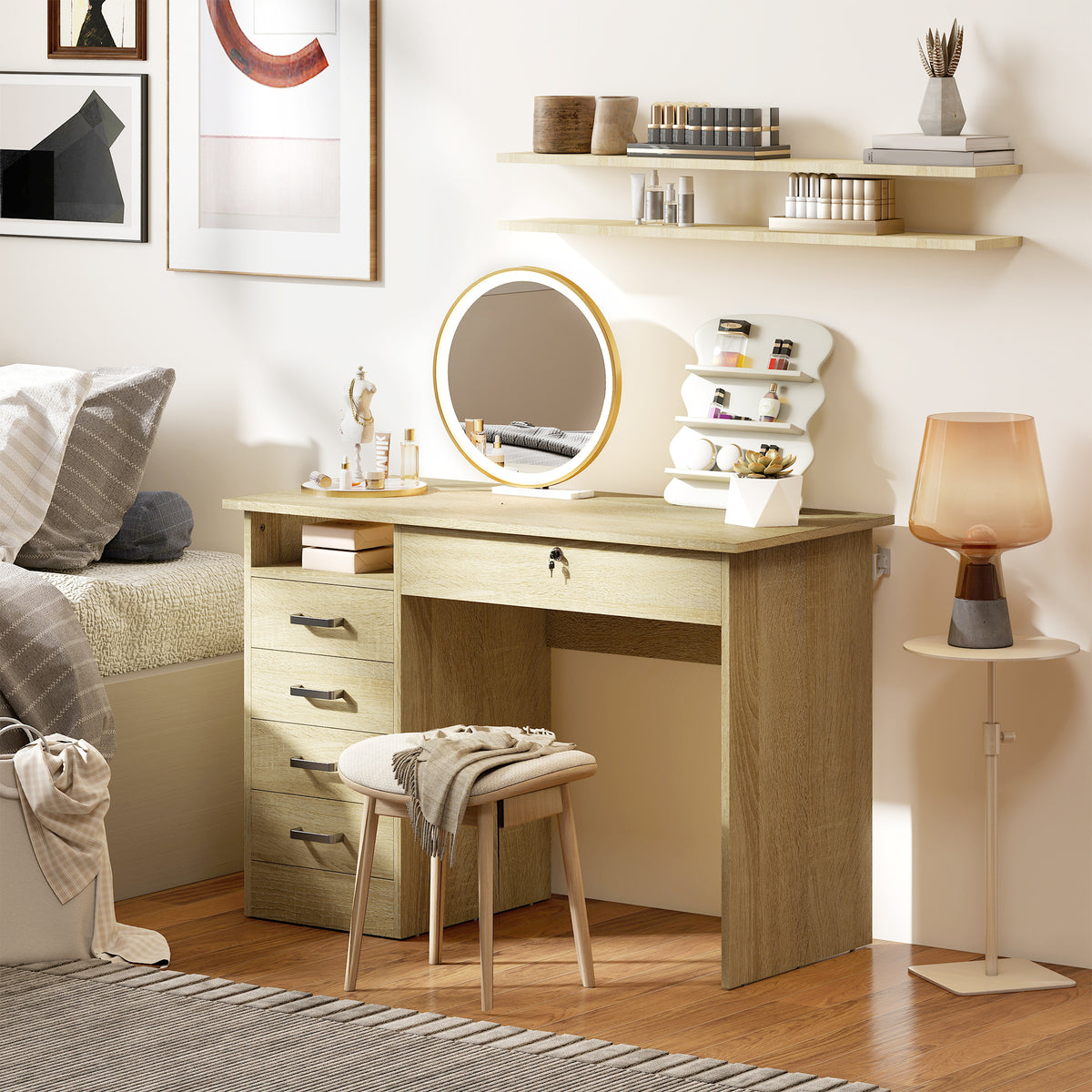 Bureau moderne avec 5 tiroirs, grand plateau, 1 compartiment ouvert, tiroir verrouillable, 110 x 50 x 76cm, chêne-5