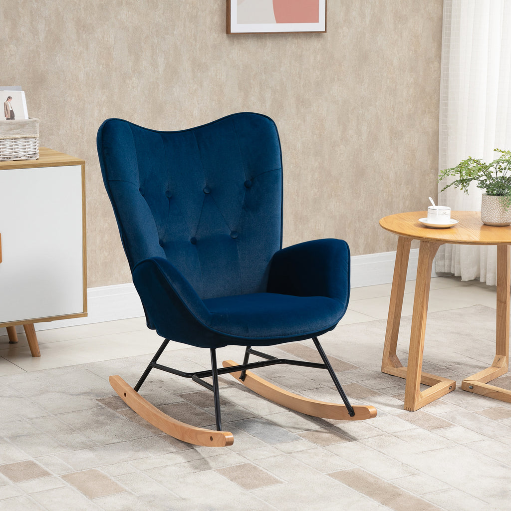 Fauteuil à Bascule, Rocking Chair, fauteuil allaitement confortable avec Structure en bois massif et métal pour Salon, Chambre, Balcon, Velours Bleu-1