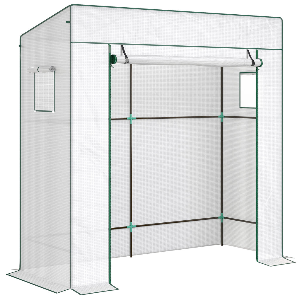 Serre de jardin murale adossée avec 1 porte enroulable, bâche PE renforcée, 2 fenêtres, dim. 196L x 77l x 197/178H cm-0