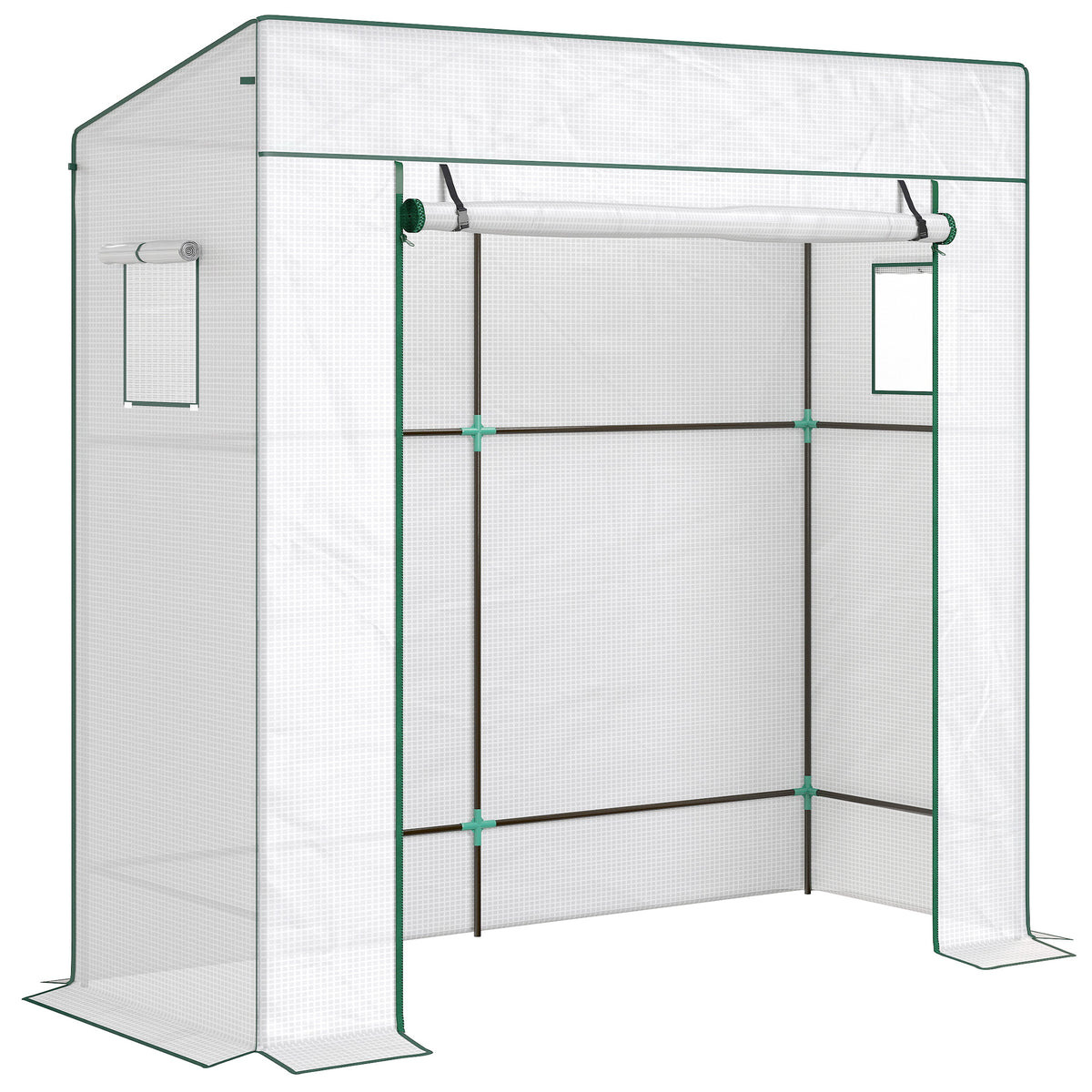 Serre de jardin murale adossée avec 1 porte enroulable, bâche PE renforcée, 2 fenêtres, dim. 196L x 77l x 197/178H cm-0