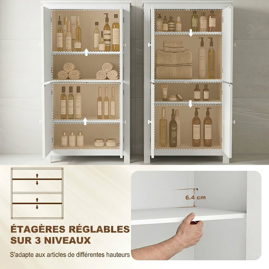 Meuble de salle de bain, meuble de rangement étroit avec 4 portes et étagères réglables, style moderne, blanc-4