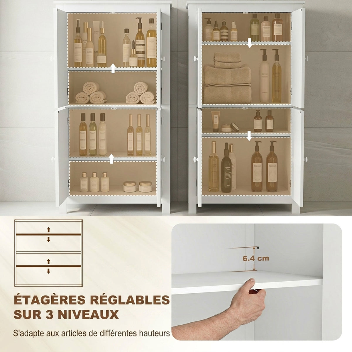 Meuble de salle de bain, meuble de rangement étroit avec 4 portes et étagères réglables, style moderne, blanc-4