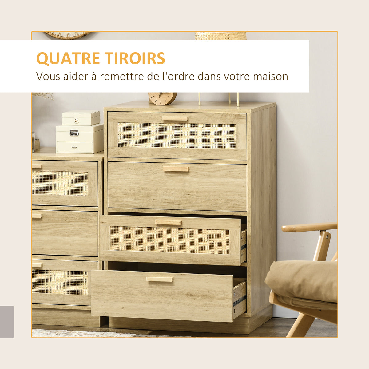 Commode design bohème en rotin avec 4 tiroirs, meuble de rangement pour le salon, le couloir, l'entrée, bois naturel-3