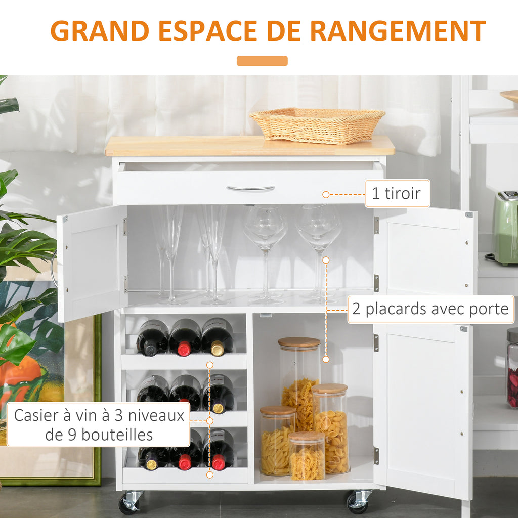 Desserte de cuisine multi rangements 2 placards tiroir casier 9 bouteilles MDF blanc plateau bois caoutchouc-3