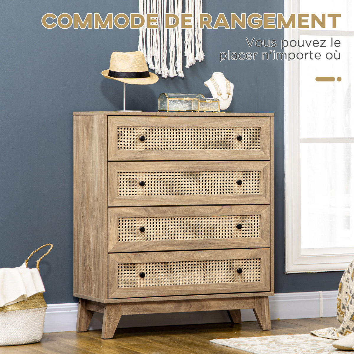 Commode 4 tiroirs meuble de rangement cannage en rotin aspect bois clair 80 x 35 x 95 cm-3