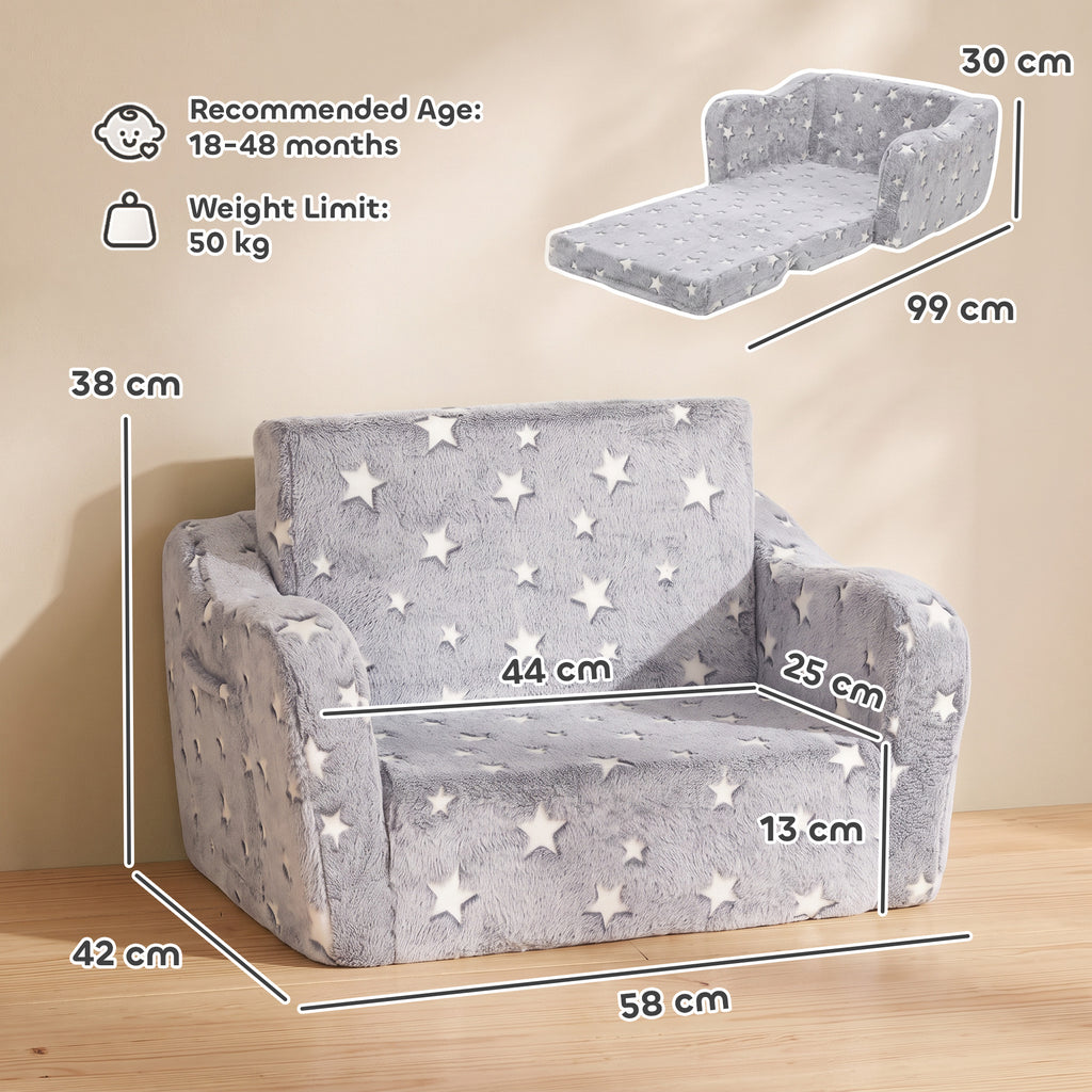 Canapé enfant 2 en 1, fauteuil pour enfant avec étoiles phosphorescentes, dépliable en méridienne, gris-2