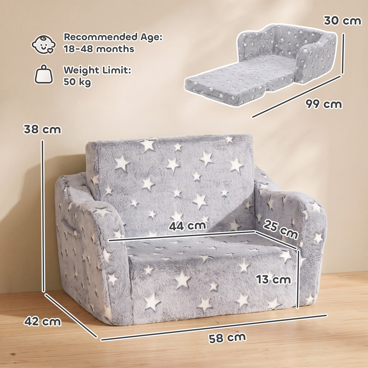 Canapé enfant 2 en 1, fauteuil pour enfant avec étoiles phosphorescentes, dépliable en méridienne, gris-2