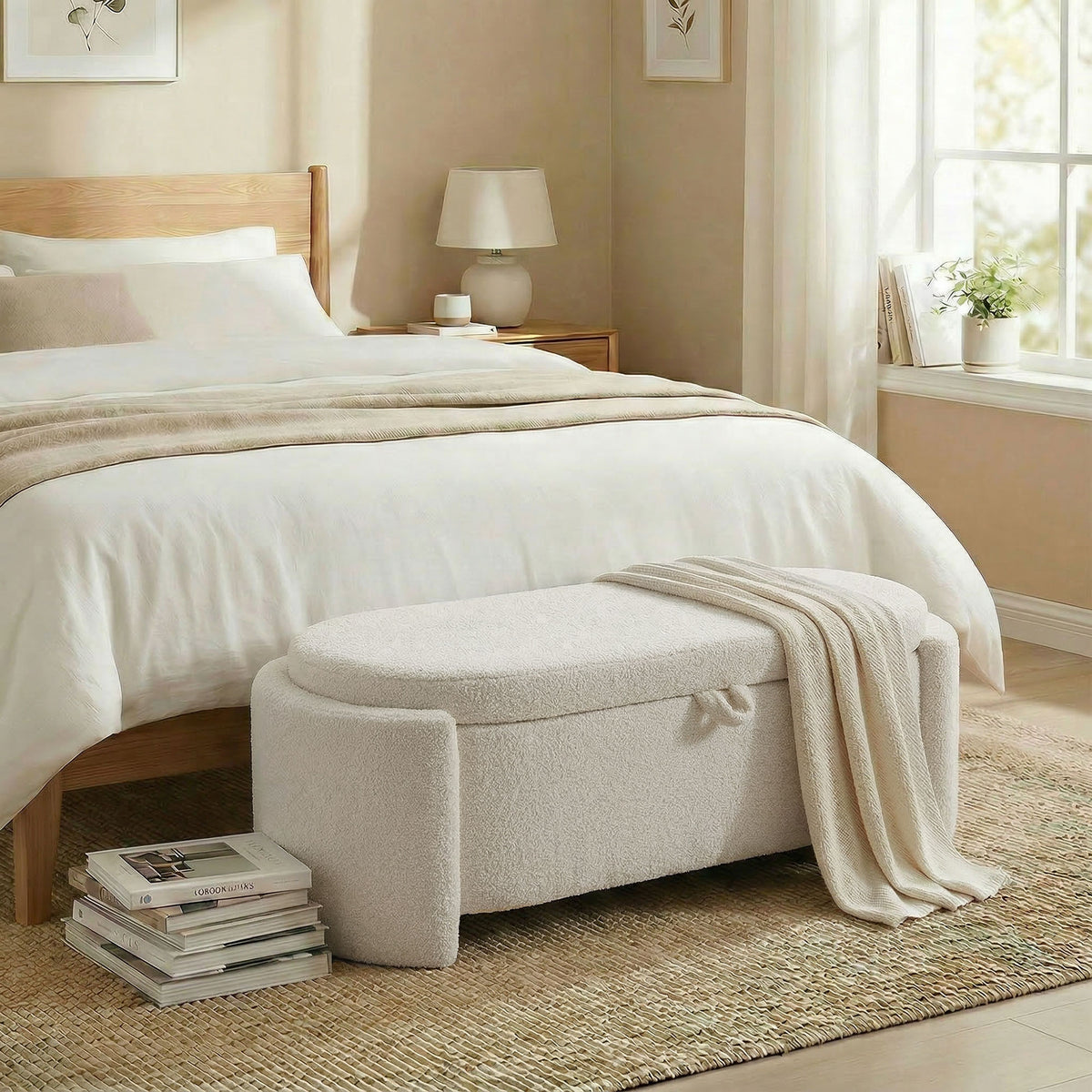 Banc de rangement, bout de lit ovale en polaire Teddy avec assise large, 129 x 48,5 x 44 cm, crème-9