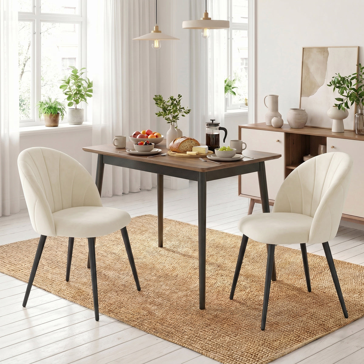 Lot de 2 chaises de salle à manger, chaises de cuisine rembourrées sans accoudoirs, pieds en acier, 52x55x79cm, crème-1