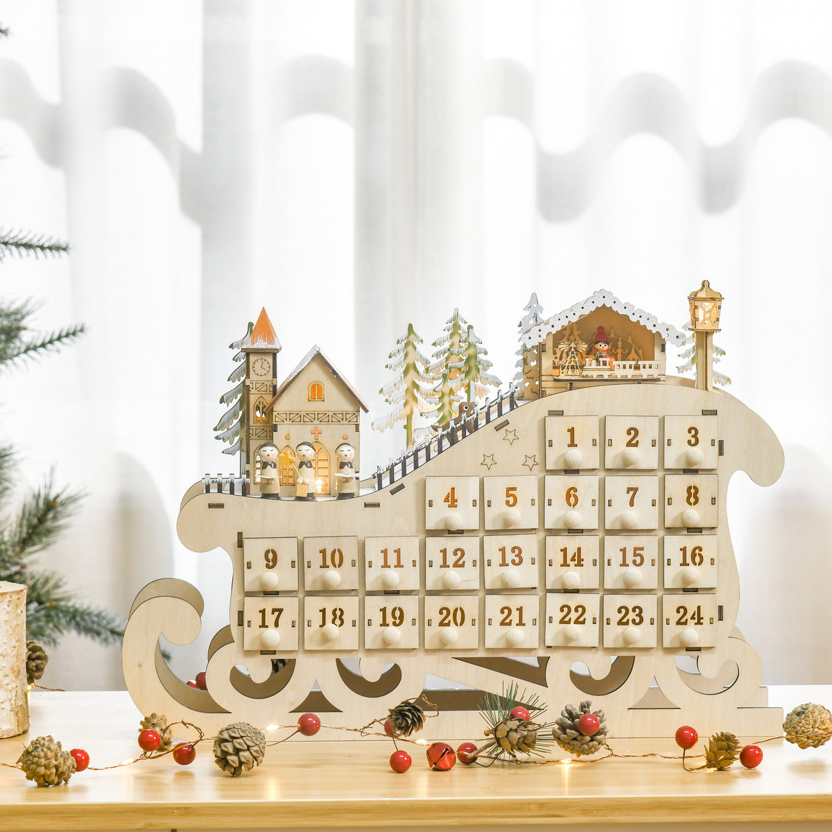 Calendrier avent bois Lumineux Frome traineau - 10 lumières Blanc Chaud - 24 tiroirs - décoration Lumineuse Noël-1