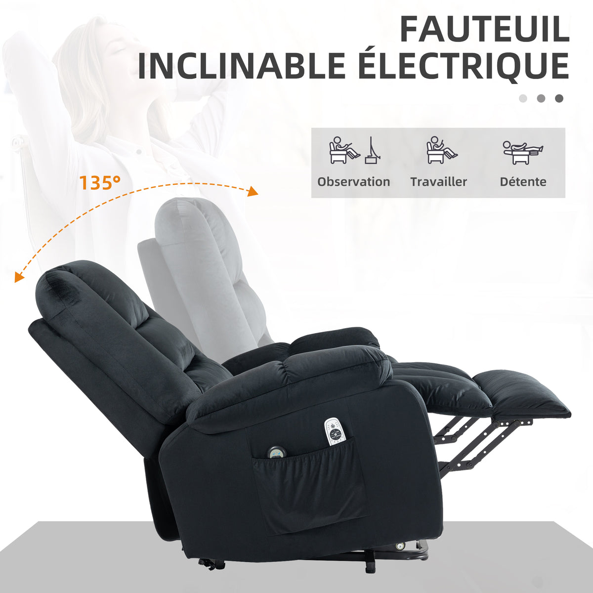 Fauteuil releveur électrique fauteuil de relaxation inclinable 8 points de massage vibrants 85 x 94 x 107 cm noir-4