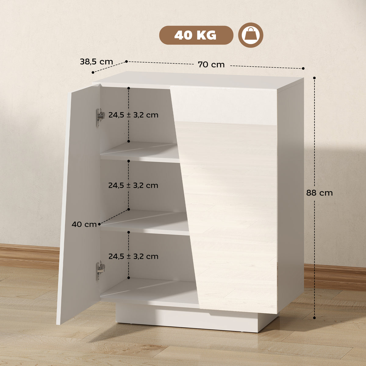 Buffet meuble de rangement avec placard double porte et étagère réglable, 70 x 40 x 88 cm, blanc brillant-2